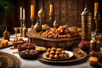Showcase the richness of a Ramadan iftar table, adorned with an array of traditional delicacies. 