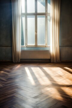 Light slate wall and wooden parquet floor, sunrays and shadows from window