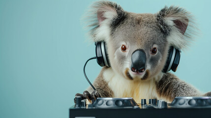 DJ koala with headphones and turntable.