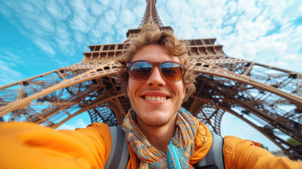 Happy man taking selfie in front of Eiffel Tower in Paris, France