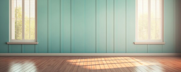 Light teal wall and wooden parquet floor, sunrays and shadows from window - obrazy, fototapety, plakaty