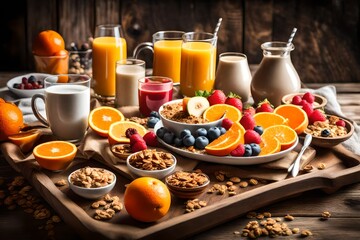 Breakfast scene with a plate of fruits, granola, and a cup of orange juice on a rustic wooden tray.