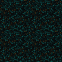 Dotted seamless pattern. Abstract geometric background. Teal, turquoise, gold, yellow dots and circles on black background