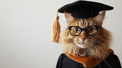Portrait of cat wearing a graduation cap and glasses.