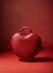 Un sac à main en cuir rouge en forme de coeur sur fond rouge - generative AI.