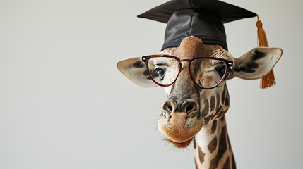 Portrait of giraffe wearing a graduation cap and glasses. - obrazy, fototapety, plakaty