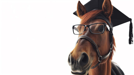 Portrait of horse wearing a graduation cap and glasses. - obrazy, fototapety, plakaty