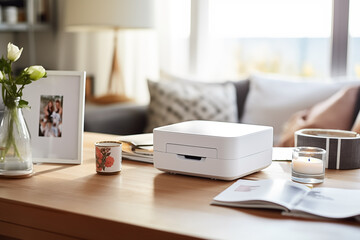 Portable photo printer for printing photos from smartphone standing on a coffee table in a cozy home interior. Capture moments concept. - obrazy, fototapety, plakaty