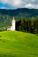 Landscape of Slovenia. A white church with a red roof on a grassy hill. Behind the church, a pine forest covers the mountain. - 707951082