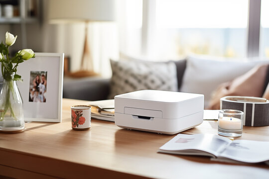 Portable photo printer for printing photos from smartphone standing on a coffee table in a cozy home interior. Capture moments concept.
