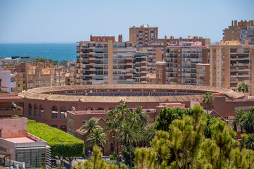 Views of old bull fighing facility from the Moorish fortress in the city of Malaga.
