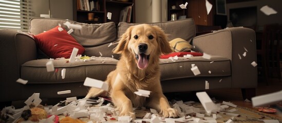 Unsupervised dog creates chaos while teething. - obrazy, fototapety, plakaty