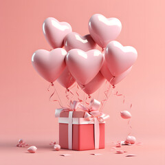 3D Heart Shaped Balloons and Gift Boxes Flying on Pink Background, Valentine's Day Concept.