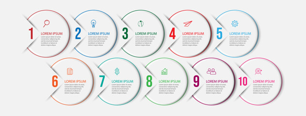business infographic 10 parts or steps, there are icons, text, numbers. Can be used for presentation banners, workflow layouts, process diagrams, flow charts, infographics, your business presentations
