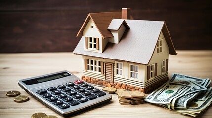 Model of cardboard house with key, calculator, notebook, pen and cash dollars. House building, loan, real estate. Cost of public utilities, insurance, rent or buying a new home concept