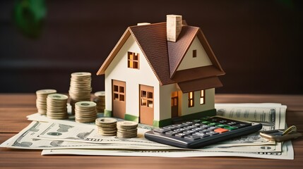 Model of cardboard house with key, calculator, notebook, pen and cash dollars. House building, loan, real estate. Cost of public utilities, insurance, rent or buying a new home concept