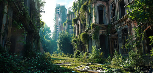 A post-apocalyptic landscape with overgrown ruins and nature reclaiming the city,
