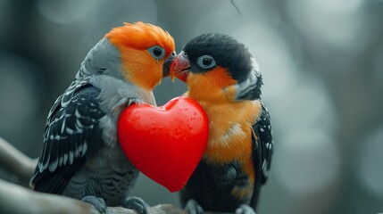 Portrait of love bird with a big red heart with a big copy space, Generative AI.