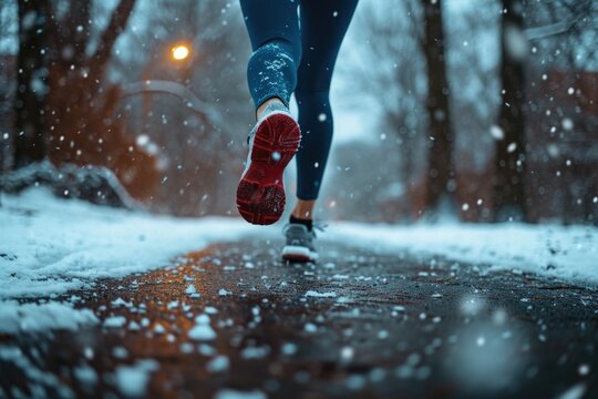 A person is seen running in the snow with a vibrant red shoe. This image can be used to depict winter activities or the joy of outdoor exercise in cold weather