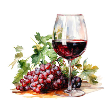 A watercolor drawing of a glass of red wine with grapes.