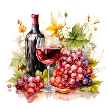 Watercolor bunches of  grapes, green leaves and branches, bottle of red wine with wine glass and grapes, For cafe menu design, posters, restaurant.