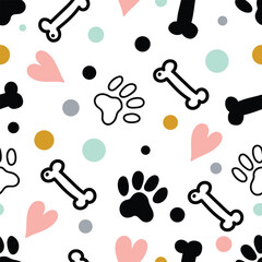 Funny children's seamless pattern. Dog paw and bone Can be used in textile industry, paper, background, scrapbooking.Vector.
