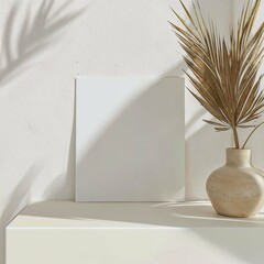 A white cardboard on a white table near a single palm, aesthetic style, minimal and modern mockup