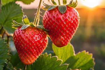 Strawberries on the field in the rays of the setting sun