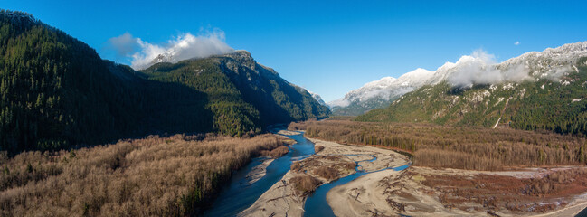 River flow in the Valley. Canadian Nature Landscape. Aerial