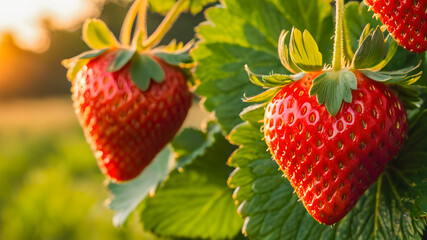 Strawberries growing in the garden on a sunny summer day.