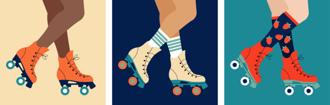Set of different woman legs in a retro roller skate shoes. Retro roller skater posters. Fun leisure summer time sport. Bright colorful square banners. Retro fashion disco style.