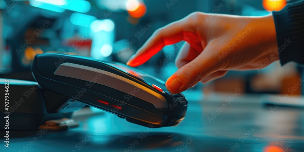 Poster A person is operating a credit card machine. This image can be used to illustrate financial transactions or payment methods