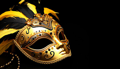 Gold colored mask with feather on black background generated by AI