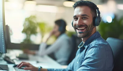 Foto op Canvas Portrait, call center and man consulting with headphones for customer service, help or telemarketing. Happy, confident and consultant agent talking with headset for support, sales or online advice © MalamboBot/Peopleimages - AI