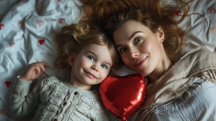 Top shot of a mother with a toddler daughter curled up on her bed next to a heart-shaped balloon, Generative AI.