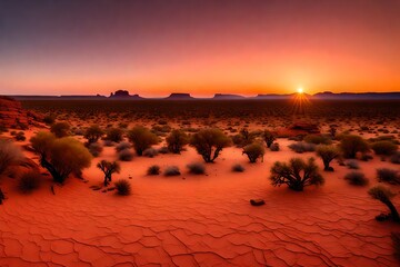 The rugged beauty of the Australian Outback at dawn, with a red desert landscape and a clear, star-filled sky.
