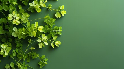 Top view of fresh moringa leaves against a hue of green backdrop, copy space, herbal, Generative AI.