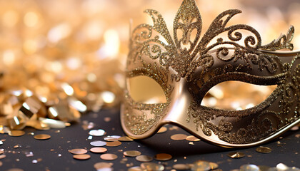 Masked celebration with glittering gold, feathers, and elegance generated by AI