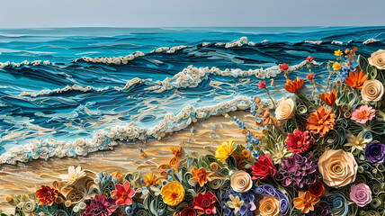 A quilled paper beach scene, waves and sand dunes of flowers