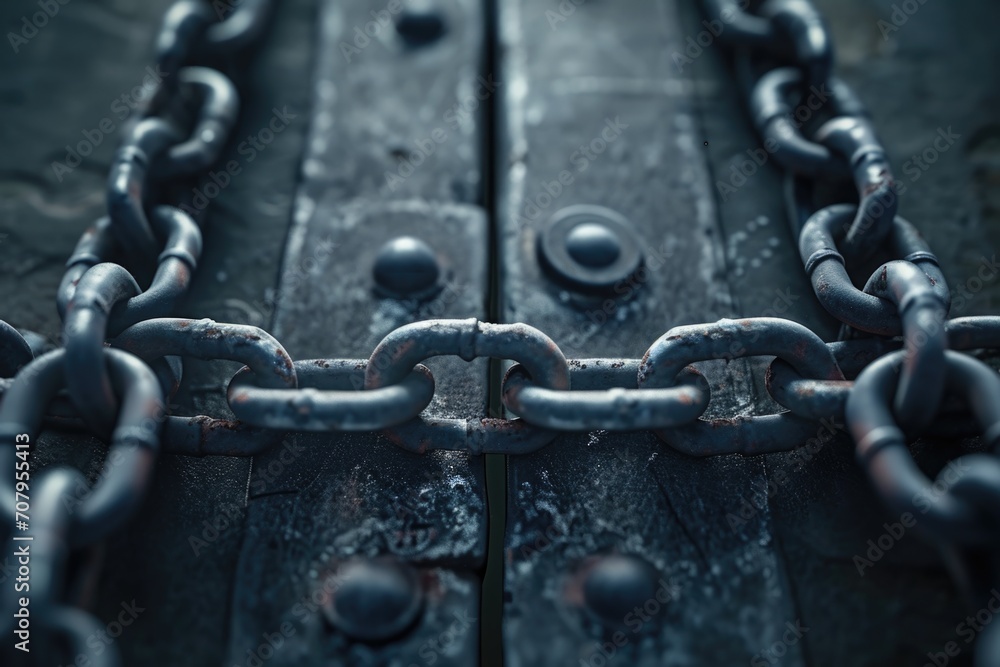 Poster a detailed view of a chain attached to a wooden door. perfect for illustrating security or confineme