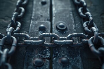 A detailed view of a chain attached to a wooden door. Perfect for illustrating security or confinement.