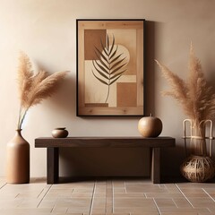 A room with a table, vases and a painting on the wall, canvas art print, wooden walls with framed art, light - brown wall, square pictureframes, art decor