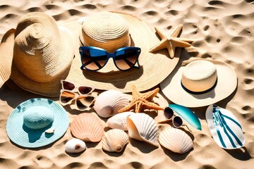 Beach day essentials with sunglasses, a beach hat, and a seashell collection.