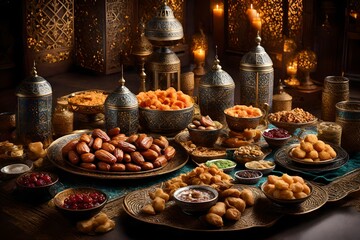 Showcase the richness of a Ramadan iftar table, adorned with an array of traditional delicacies.