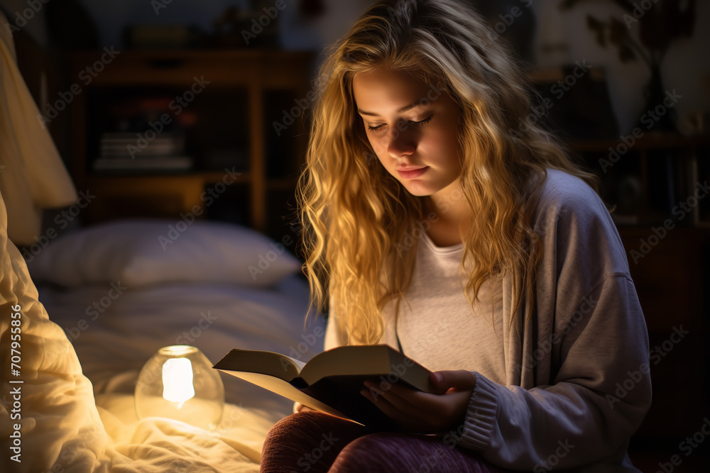 Canvas Prints An intimate image of a teenage girl journaling in her bedroom - in a reflective and thoughtful pose - with a personal diary - set in a cozy and private space