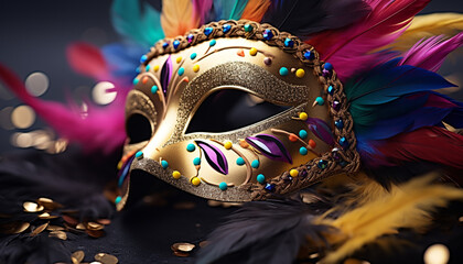 Feathered mask adds mystery to colorful Mardi Gras generated by AI