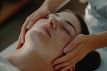 Obraz na płótnie Canvas A woman is pictured receiving a facial massage at a spa. This image can be used to showcase spa treatments and relaxation services