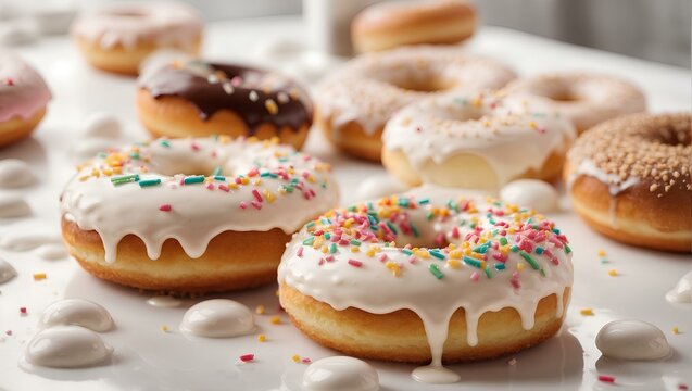 Donuts with different flavors with milk, white background, food.