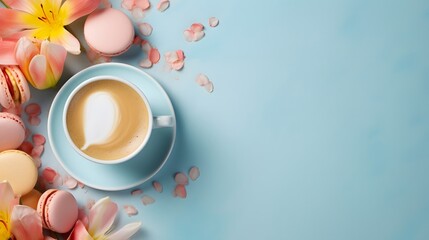 Obraz na płótnie Canvas Morning cup of coffee and colorful flowers on blue pastel table top view. Flat lay style. Creative breakfast for Woman day.