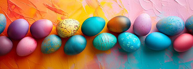 Happy Easter. Colorful Easter eggs with on pastel background